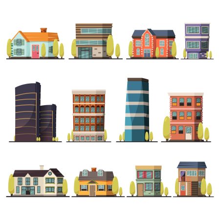 Orthogonal decorative icons set of living buildings including urban towers and village cottages isolated flat vector illustration
